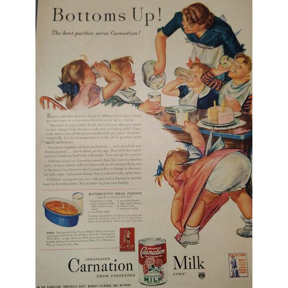 1943 Carnation Milk Print Ad Bottoms Up Party Scene Kids Drinking 1940s Ephemera - Picture 6 of 7